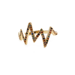 Creative heartbeat ring in gold finish with vibrant colorful cubic zirconia accents