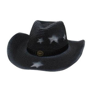 Black woven cowboy hat with white stars and vintage bull head metal buckle accessory