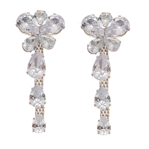Silver flower tassel earrings with pear-cut cubic zirconia in a long drop style