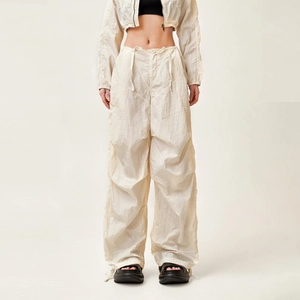 Women High Waist Parachute Pants Wide Leg Cargo Trousers Nylon Lightweight Drawstring Cuffs Streetwear Snow White
