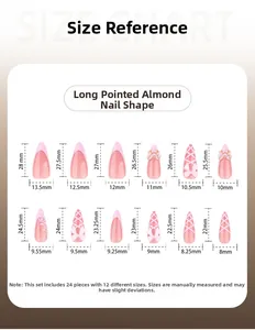 Size guide for French almond press-on nails in dusty pink with 3D bow and pearl detail