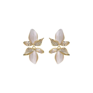 French style leaf earrings with white rhinestones and golden metal flower design
