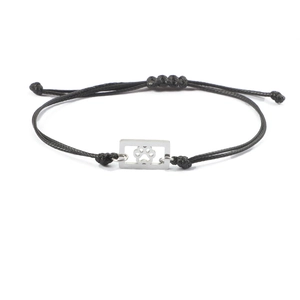Adjustable black woven rope bracelet featuring a square silver hollow cat paw pendant