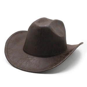 Vintage dark brown faux leather cowboy hat with textured finish and curved wide brim