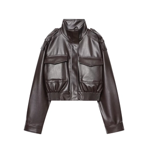 Short dark brown PU leather pilot jacket with cargo pockets and standing collar style