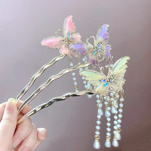 Butterfly Hair Stick Alloy Rhinestone Long Faux Artificial Pearl Tassel Wavy Hairpin Ancient Chinese Style Hanfu Accessories For Women