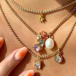 Colorful Zirconia Pendant Necklace Stainless Steel 18k Gold Plated Heart Round Faux Artificial Pearl Ins Style Women Elegant