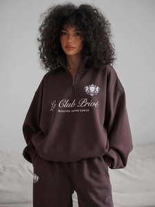 Ensemble sweat demi-zip marron foncé avec imprimé graphique Le Club Privé et coupe décontractée