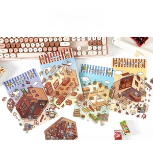 Detailed views of 3D PET stickers in Library, Bakery, SunShine, and Cat Case themes