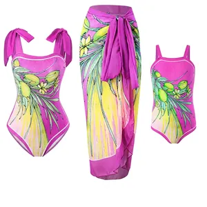 Women One Piece Swimsuit Floral Print Bow Shoulder Straps Mesh Skirt Swimwear Parent Child Matching Outfits Polyester