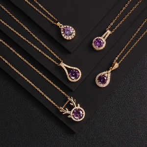 Golden necklaces with purple zircon pendants in water drop and circular heart designs