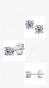 Macro detail of S925 sterling silver moissanite stud earring with four-claw setting