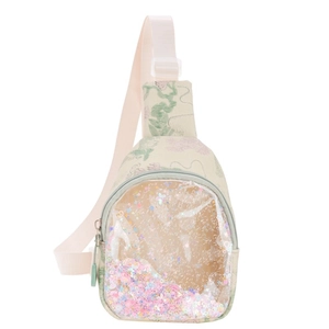 Kids quicksand chest bag with clear PVC window and colorful sequins in beige finish