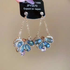 Macro shot of silver needle tassel earrings with sparkling crystals and golden chain