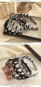Detail of woven hairbands in black, blue and mix colors with pearls and rhinestones