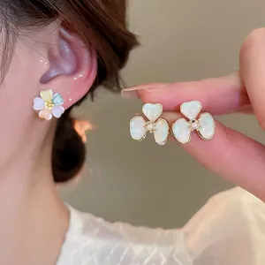 18k gold plated colorful acrylic flower stud earrings with a pearl center for women