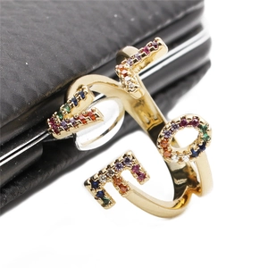 Adjustable gold ring with colorful micro-pave zircons and creative letter design
