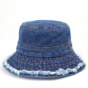 Blue denim bucket hat with frayed edges and vintage metal button in center view