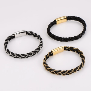 Three braided leather bracelets with stainless steel magnetic clasps in black and gold