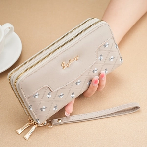 Portefeuille long beige à motifs floraux pour femmes avec double fermeture éclair