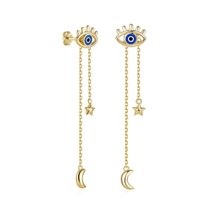 Detail of gold evil eye earrings with star and moon charms on delicate silver chains