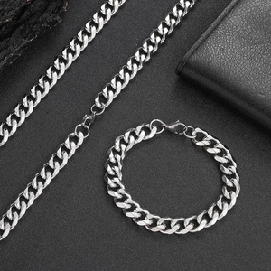 Detailed set of 11mm silver stainless steel Cuban link necklace and bracelet for men