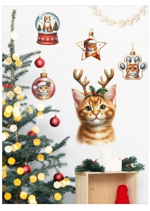 Cozy Christmas wall stickers featuring a cute orange cat with reindeer antlers and ornaments