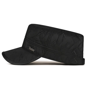 Padded winter military flat top cap in black quilted fabric with metal label