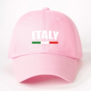 Pink vintage adjustable baseball cap featuring white Italy text and flag stripes