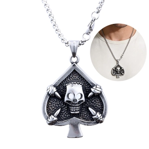 Stainless Steel Skull Head Spade Necklace Pendant Vintage Punk Gothic Distressed Jewelry For Men