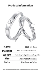 Detail of adjustable S925 silver star couple rings with cubic zirconia inlay and weights