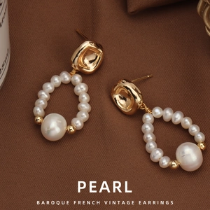 French Vintage Baroque Freshwater Pearl Drop Earrings For Women S925 Sterling Silver Post 18K Gold Plated Copper Jewelry