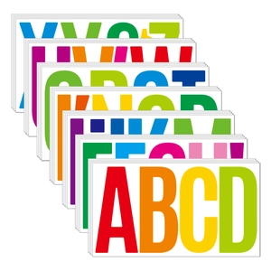 Macro shot of colorful large 6-inch waterproof alphabet stickers showing A to Z letters
