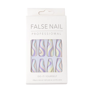 24pcs long coffin press on nails featuring pastel wave patterns in a window gift box