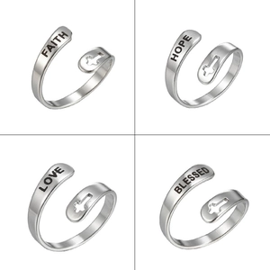 Stainless Steel Cross Ring Faith Hope Love Blessed Engraved Adjustable Open Ring Religious Inspirational Jewelry For Women