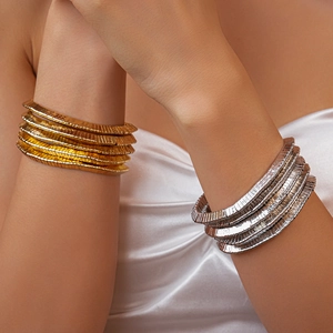 Multi-Layer Metal Stackable Bracelets For Women Gold Silver Electroplated Stretch Tubogas Style Flat Snake Bone Texture