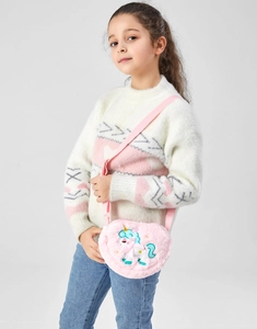 Cute fluffy unicorn crossbody bag for kids, soft pink plush shoulder bag for little girls.