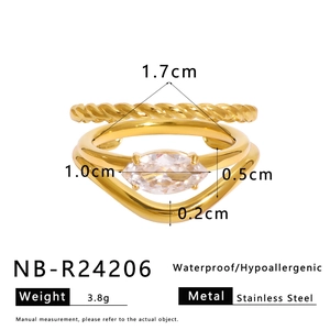 Detail view of 18K gold plated stainless steel ring with zircon and dimensions