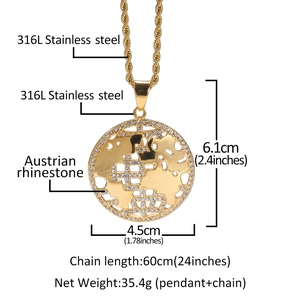Détails du pendentif mappemonde en acier doré avec strass et dimensions chaîne