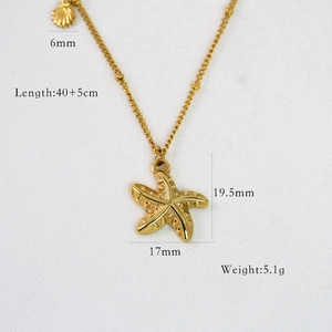 Detailed specs of starfish and shell pendant necklace with 40+5cm length and dimensions