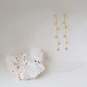 Minimalist long 18K gold plated titanium steel earrings with hanging polished metal discs
