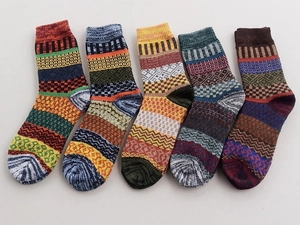 Detailed view of 5-pair pack vintage ethnic pattern thick wool blend thermal socks
