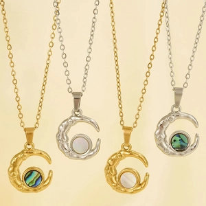Moon Pendant Necklace 304 Stainless Steel With Mother Of Artificial Pearl Abalone Shell Inlay 18K Gold Plated Retro Jewelry Women