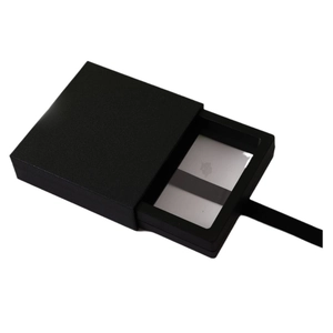 Black drawer jewelry box with clear PE film for rings and earrings shown in 45-degree angle