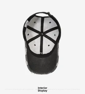 Interior view of distressed baseball cap showing six-panel stitch and reinforced seams