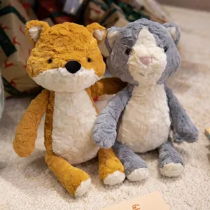 Adorable plush fox and cat stuffed animals with long limbs on cozy soft carpet