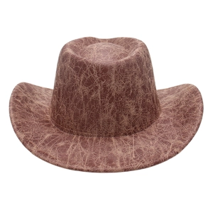 Vintage brown western cowboy hat with distressed crackle texture and curved brim