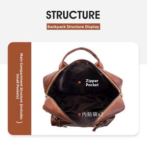 Estructura interna detallada de la mochila grande de cuero PU marrón con varios bolsillos
