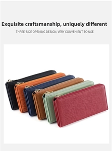 Detail of RFID leather long wallets featuring lychee texture and three-side opening zipper
