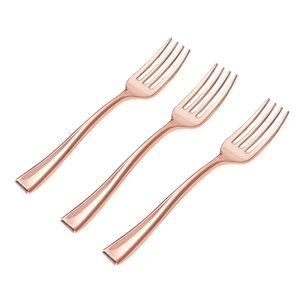 Three pieces of rose gold 9.8cm disposable dessert forks with high gloss metallic finish